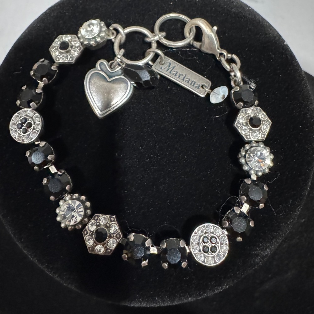 Mariana Bracelet Women Black Clear Swarovski Crystal Silver Heart Charm 7.25in